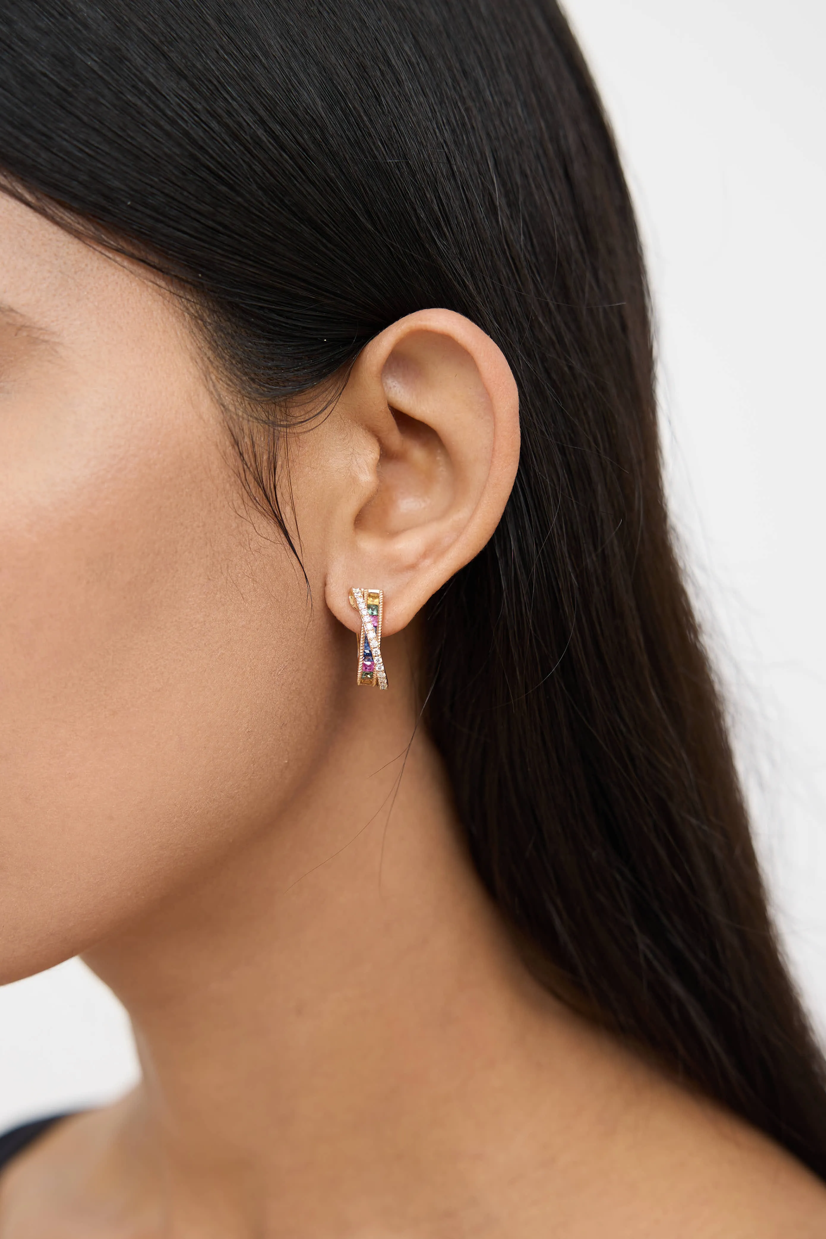 18K Yellow Gold Sapphire Diamond Hoop Earrings sold by VSP Consignment