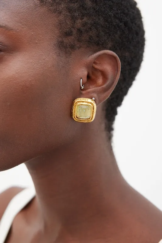 FW 1996 Gold & Green Gem Square Earrings made by Chanel