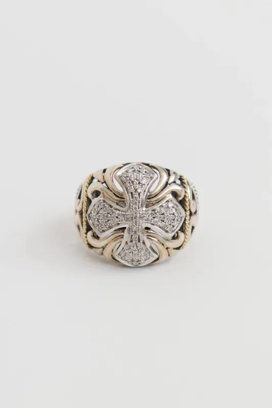 18K Yellow Gold & Sterling Silver Diamond Cross Ring made by VSP Consignment