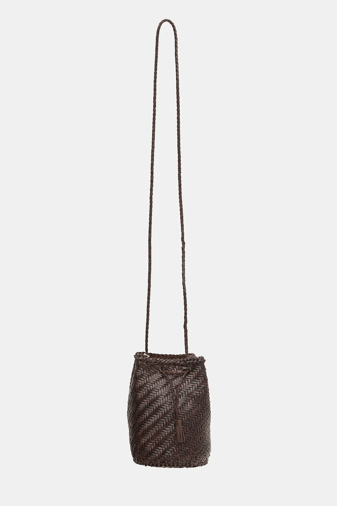 Woven Leather PomPom Bucket Bag sold by VSP Consignment