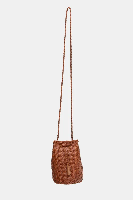Woven Leather PomPom Bucket Bag sold by VSP Consignment
