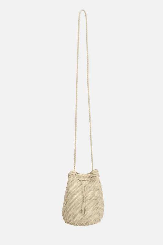 Woven Leather PomPom Bucket Bag sold by VSP Consignment