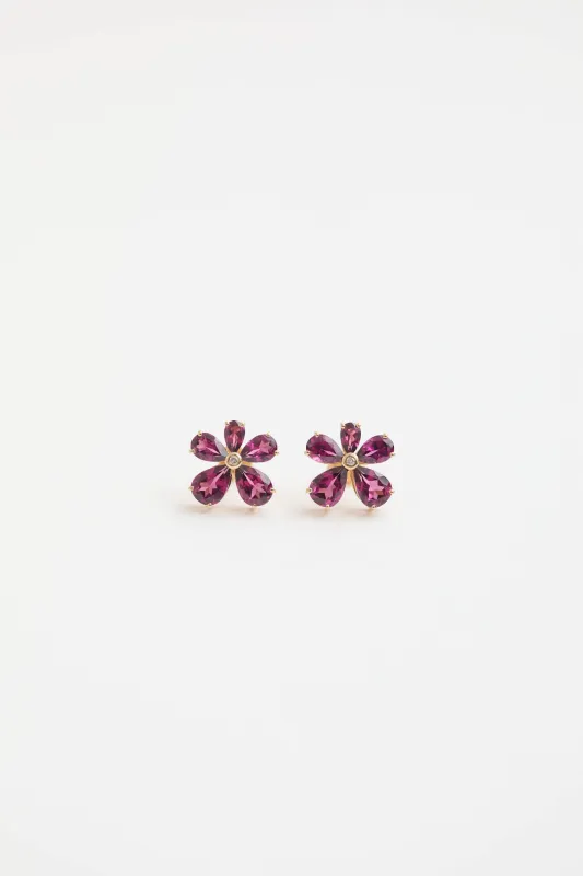 14K Yellow Gold Garnet and Diamond Flower Stud Earrings made by VSP Consignment