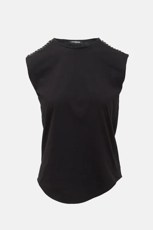 Leather & Chain Epaulette Tank Top made by Balmain