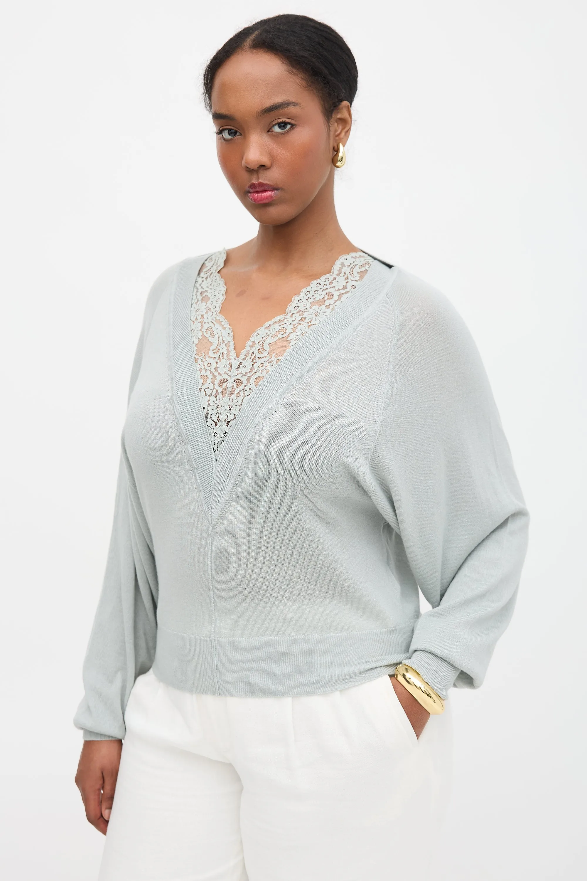 Wool Lace Trimmed V-Neck Sweater sold by VSP Consignment product image thumbnail 3