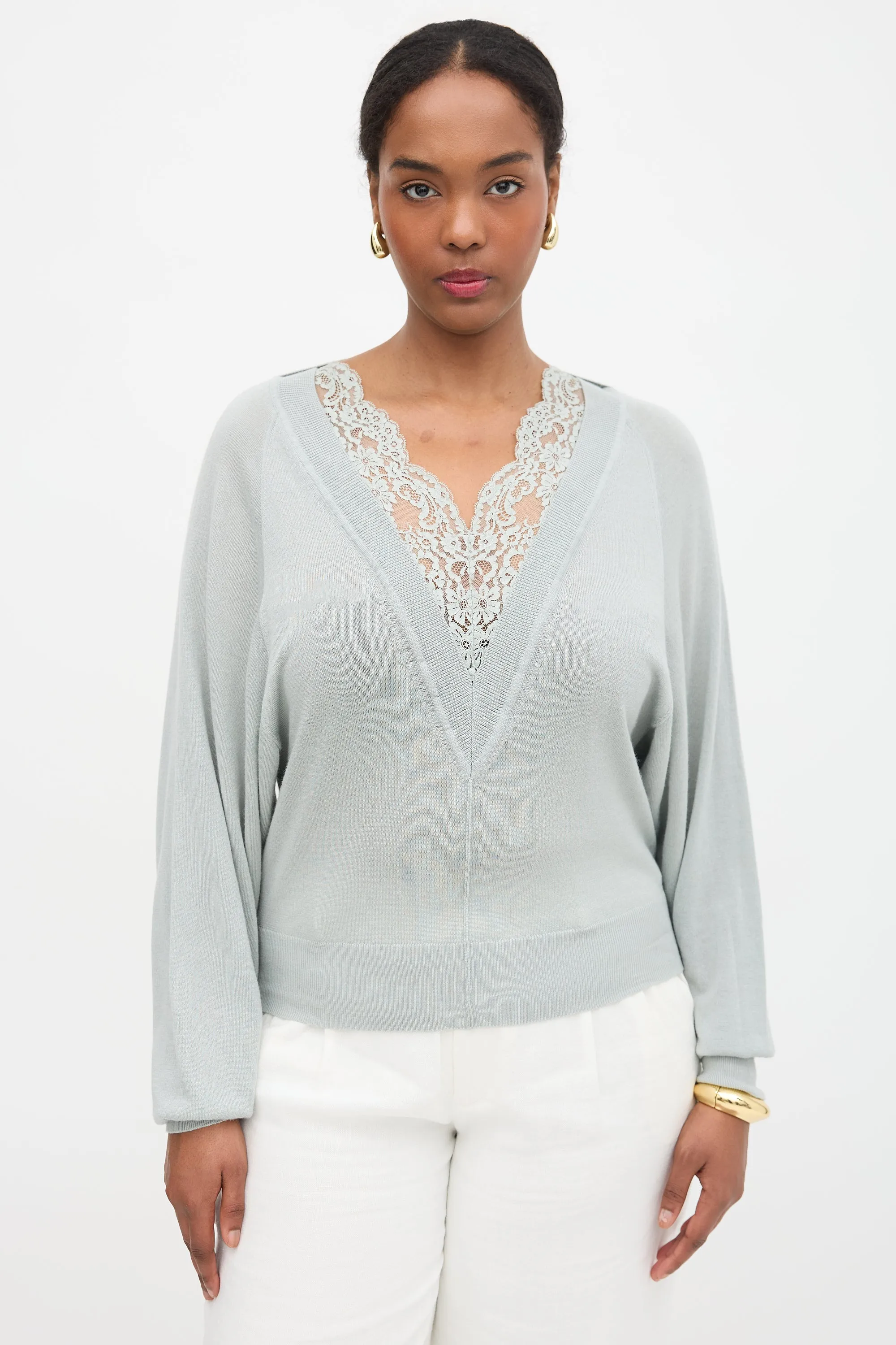 Wool Lace Trimmed V-Neck Sweater sold by VSP Consignment