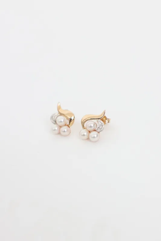 14K Yellow and White Gold Pearl and Diamond Stud Earrings made by VSP Consignment