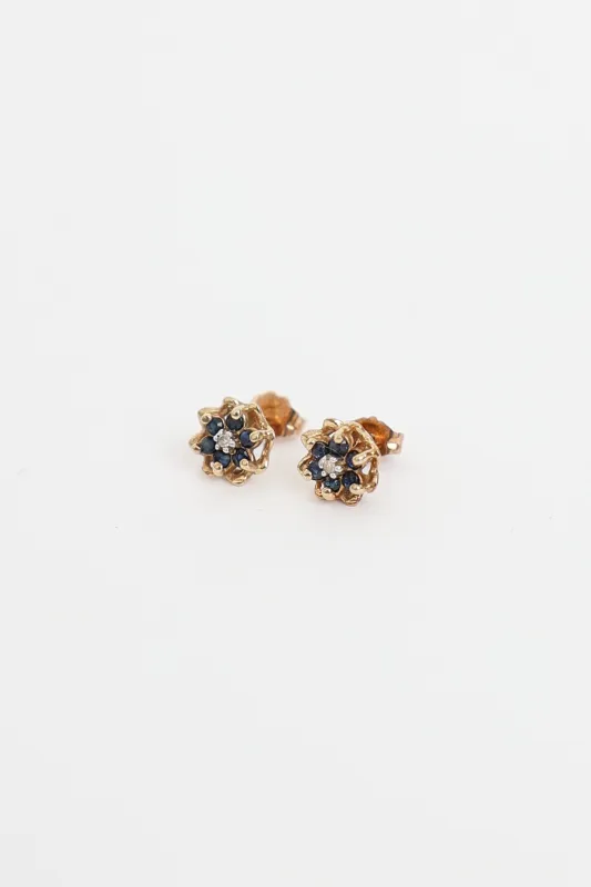 10K Yellow Gold Sapphire and Diamond Floweer Stud Earrings made by VSP Consignment