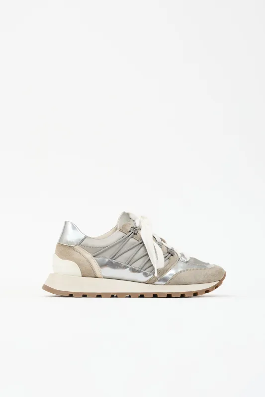 Suede & Metallic Leather Panelled Sneaker made by Brunello Cucinelli