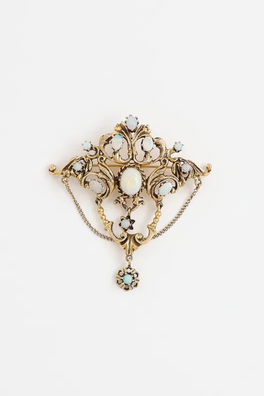 14K Yellow Gold & Opal Antique Filigree Brooch made by VSP Consignment