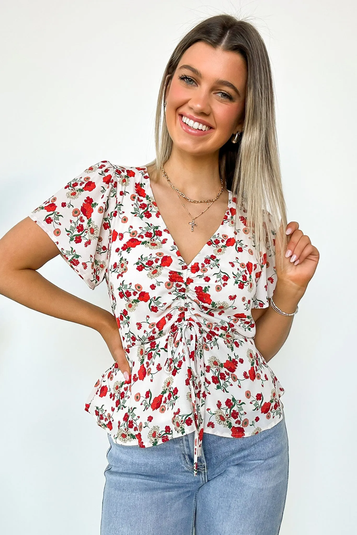 Season of Blooms V-Neck Ruched Floral Top - FINAL SALE sold by Madison + Mallory