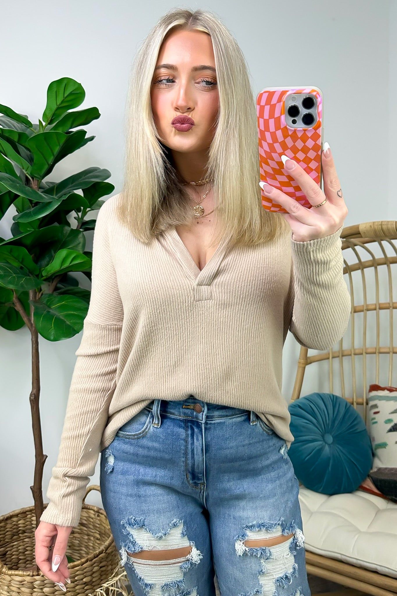 Torianna Ribbed Collared Long Sleeve Top sold by Madison + Mallory