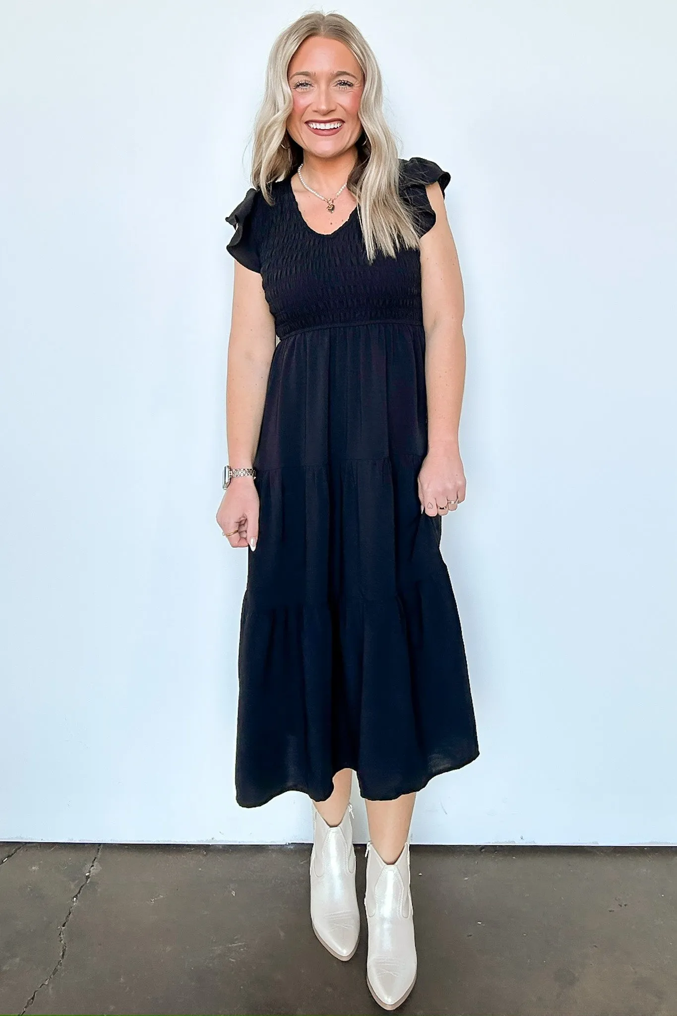 Flirty Luxury Flutter Sleeve Tiered Dress sold by Madison + Mallory product image thumbnail 5