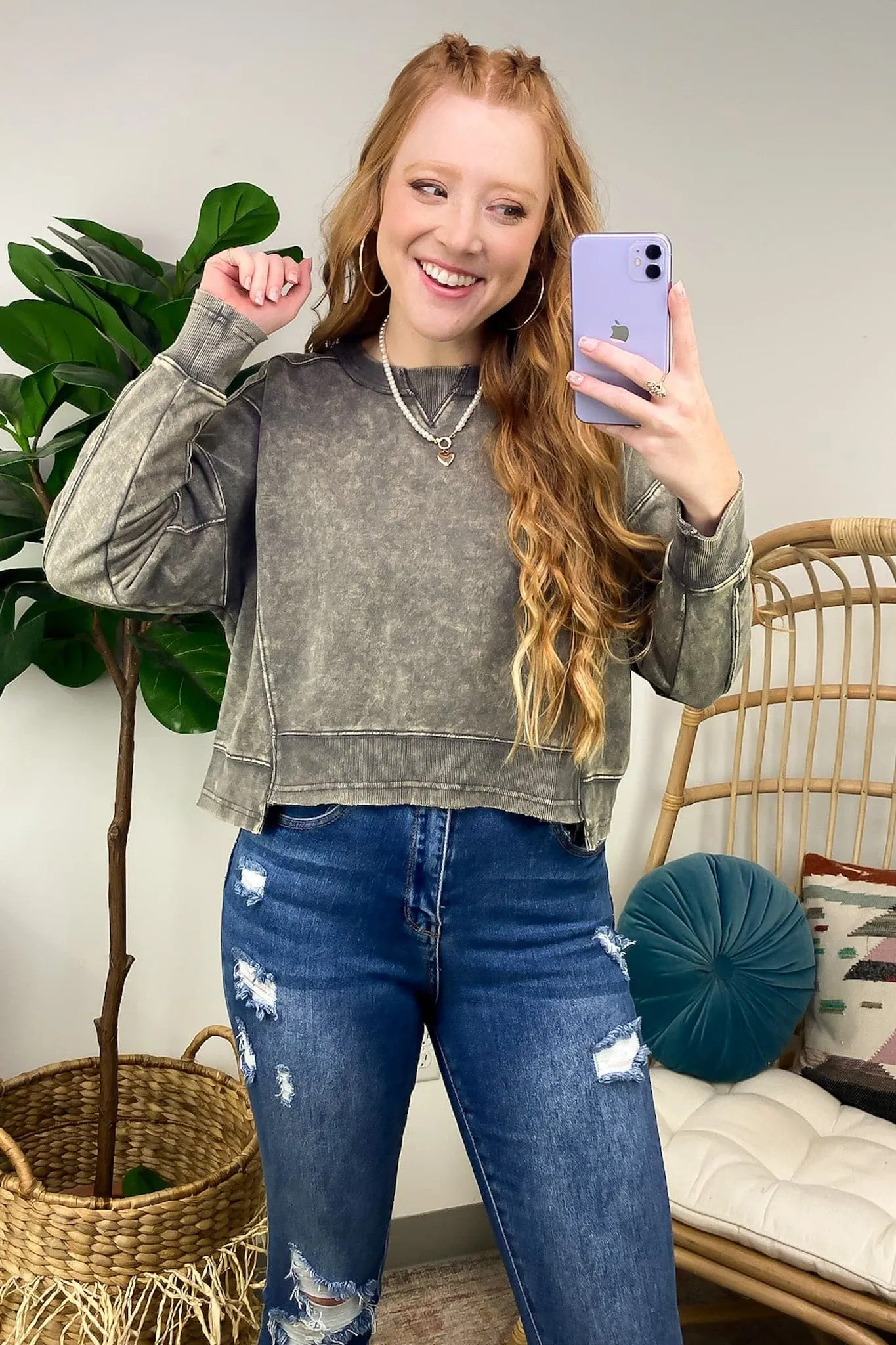 Tanilla Acid Wash Raw Edge Pullover - FINAL SALE sold by Madison + Mallory product image thumbnail 3