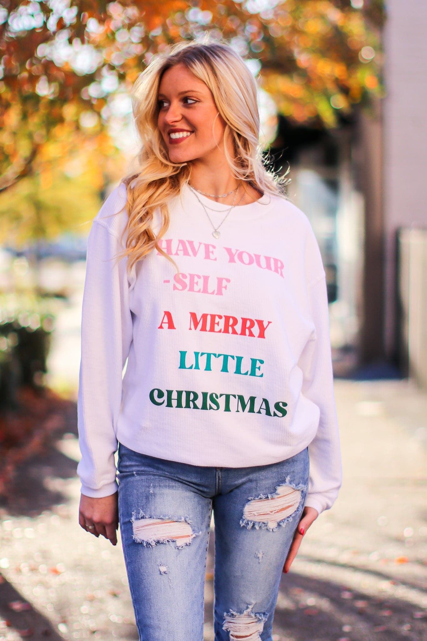 Have Yourself A Merry Little Christmas Graphic Corded Pullover sold by Madison + Mallory product image thumbnail 3