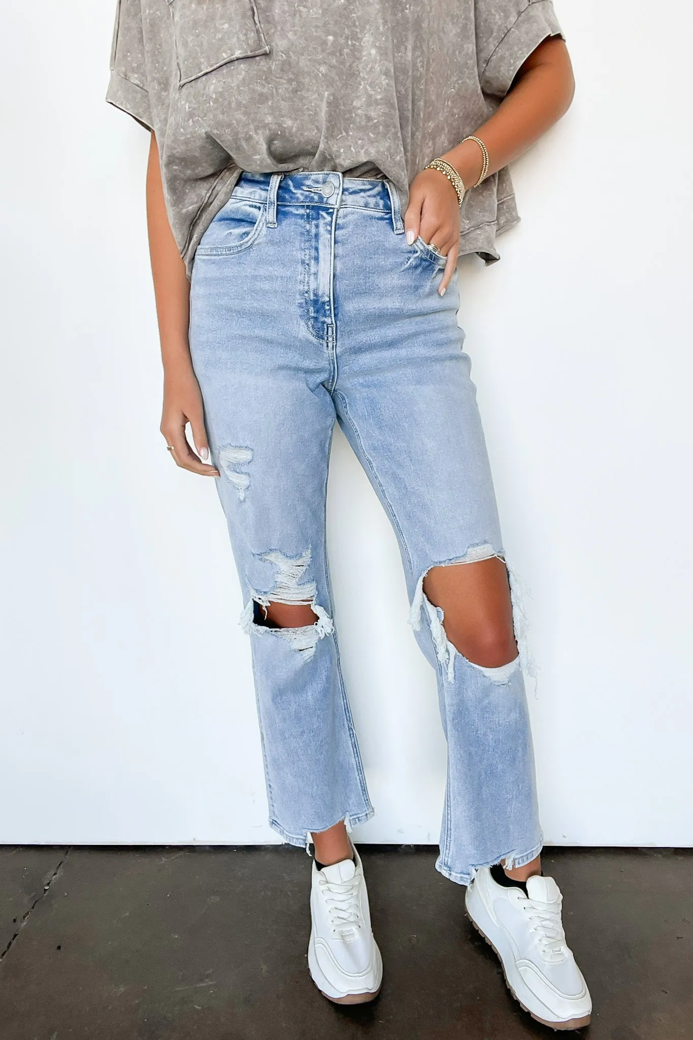 Maileana 90's Super High Rise Distressed Straight Jeans sold by Madison + Mallory