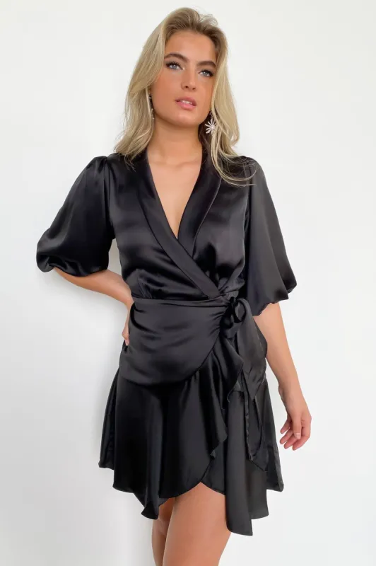Adoring Glances Satin Ruffle Wrap Dress - FINAL SALE sold by Madison + Mallory