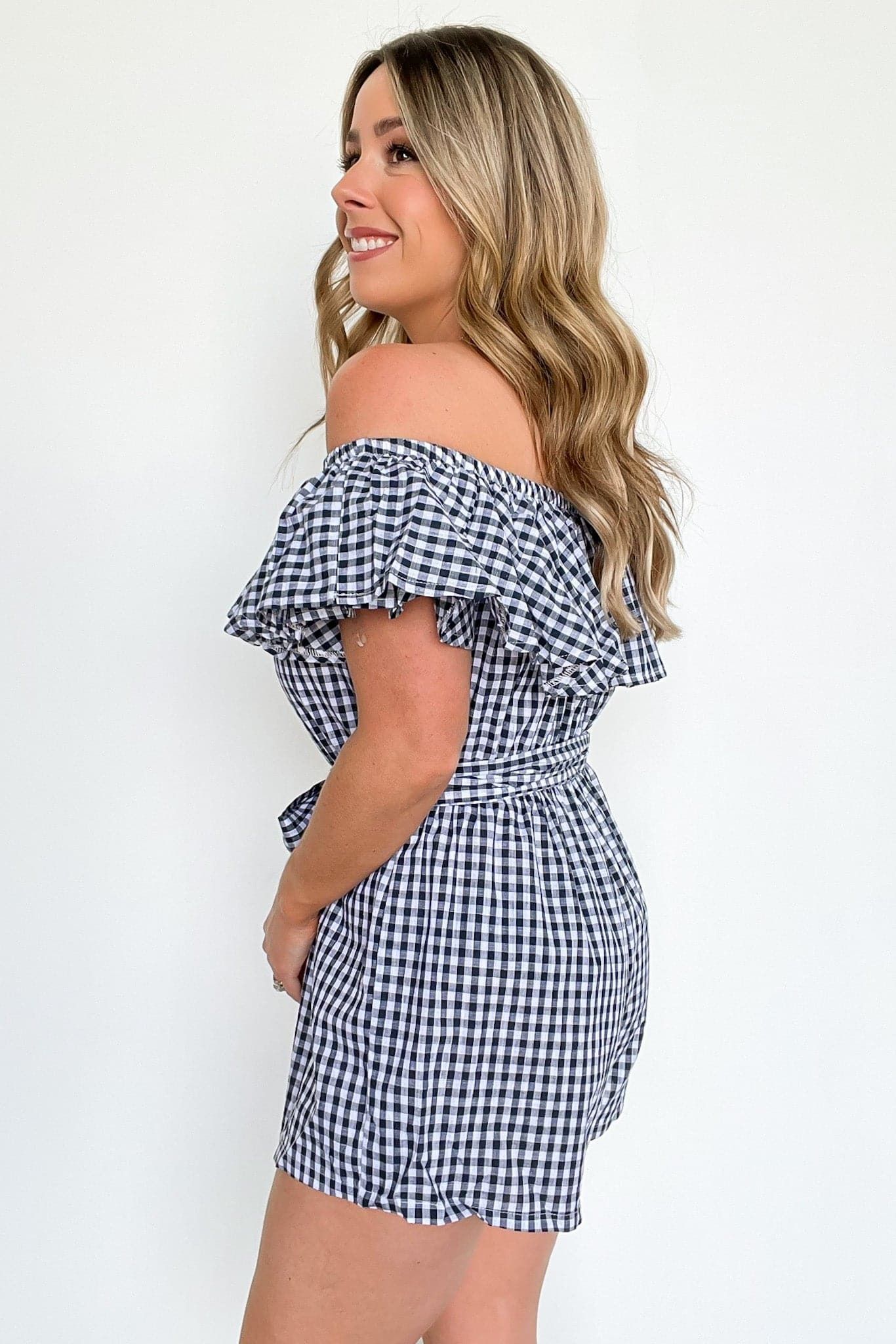 Sweetheart of Summer Gingham Off Shoulder Romper - FINAL SALE sold by Madison + Mallory product image thumbnail 5