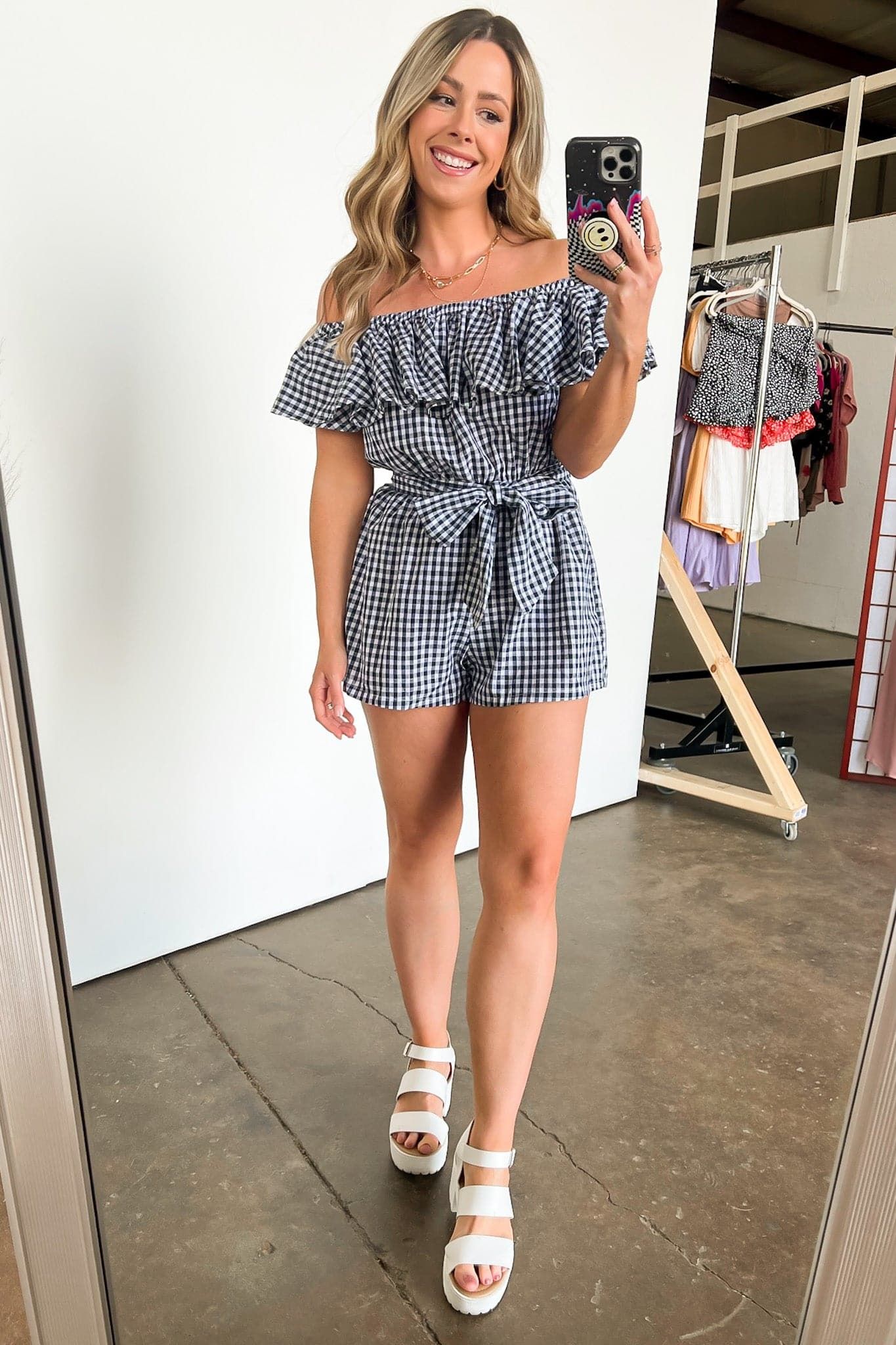 Sweetheart of Summer Gingham Off Shoulder Romper - FINAL SALE sold by Madison + Mallory product image thumbnail 4