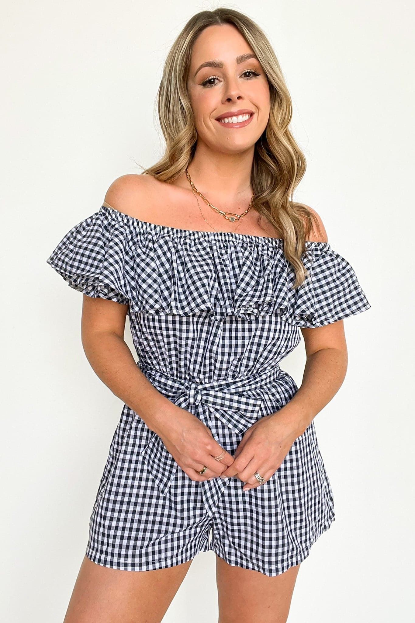 Sweetheart of Summer Gingham Off Shoulder Romper - FINAL SALE sold by Madison + Mallory product image thumbnail 2