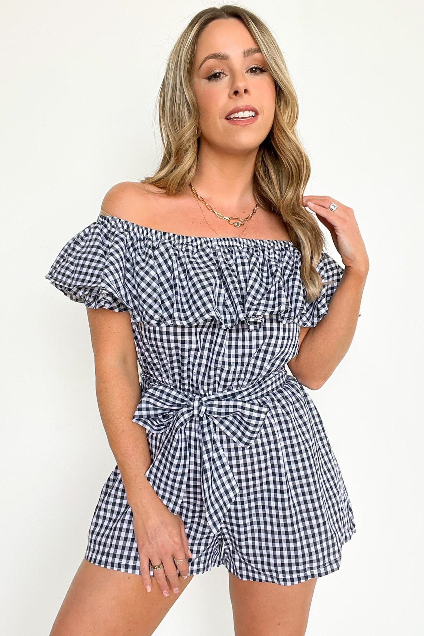 Sweetheart of Summer Gingham Off Shoulder Romper - FINAL SALE sold by Madison + Mallory product image thumbnail 3