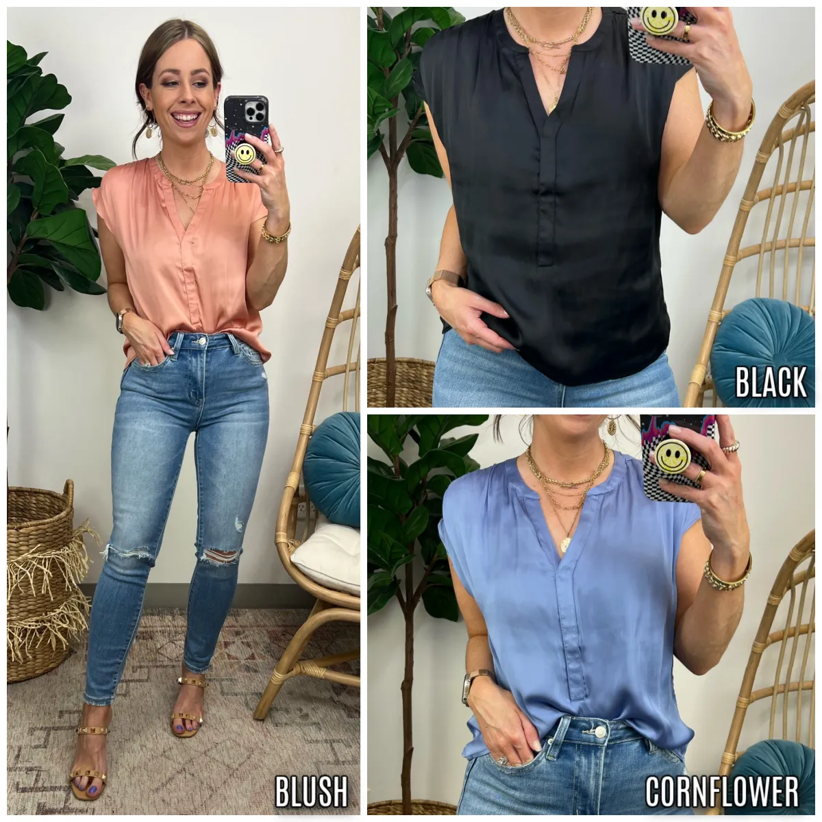 Jourdan Satin V-Neck Top sold by Madison + Mallory