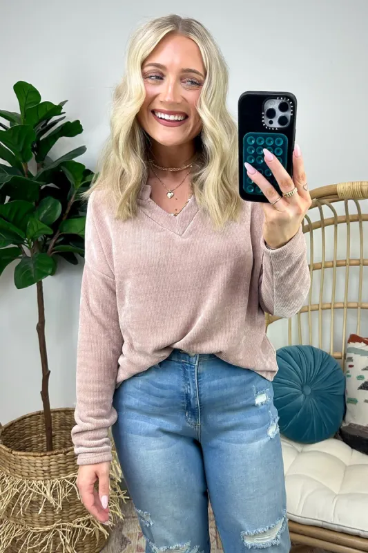 Excellent Impression Split V-Neck Chenille Knit Top - FINAL SALE sold by Madison + Mallory