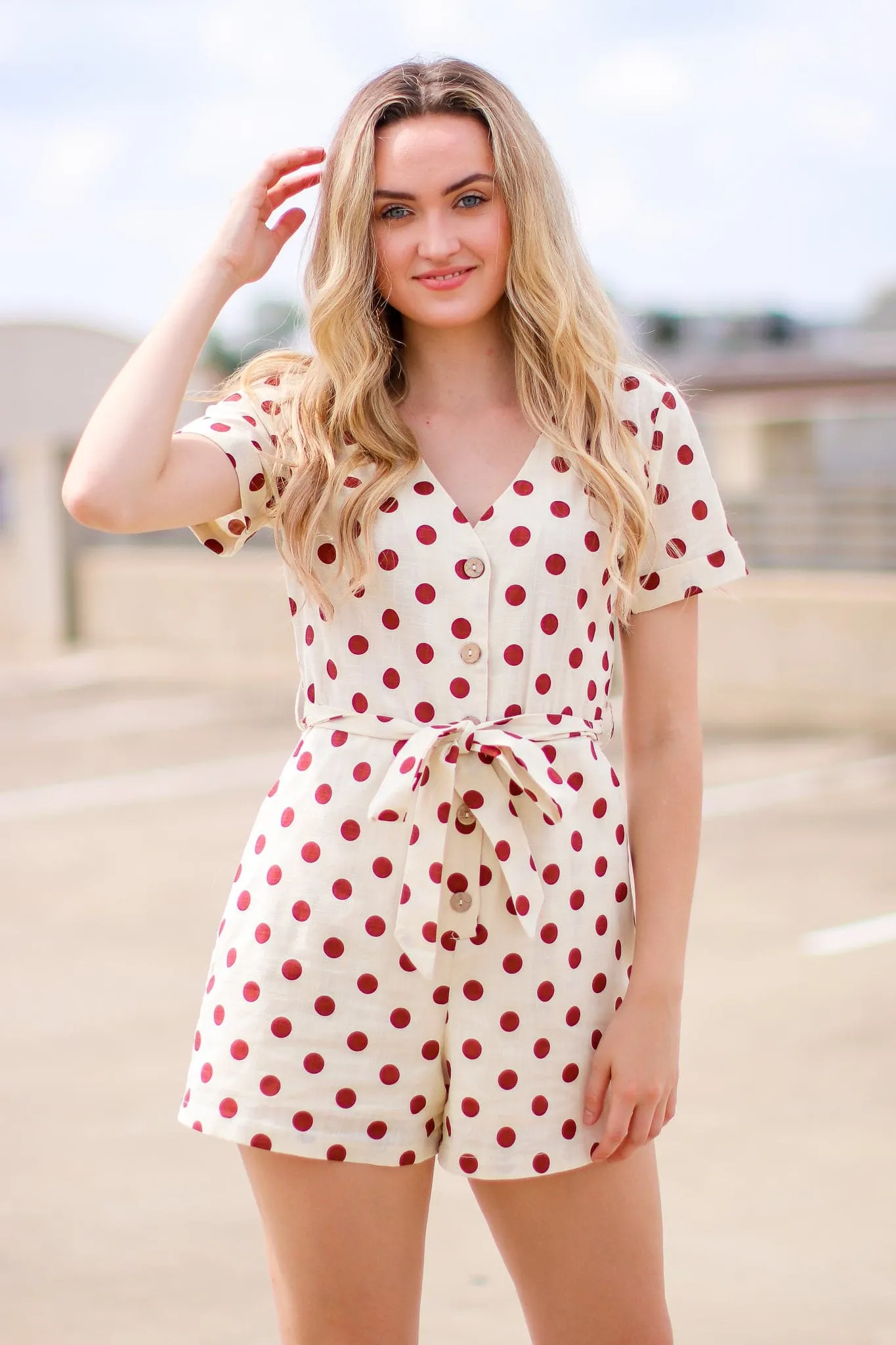 Kyli Polka Dot Tie Waist Romper - FINAL SALE sold by Madison + Mallory product image thumbnail 2