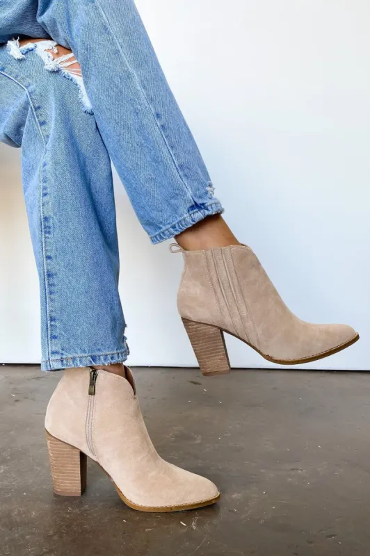 Taytum Faux Suede Heeled Bootie sold by Madison + Mallory