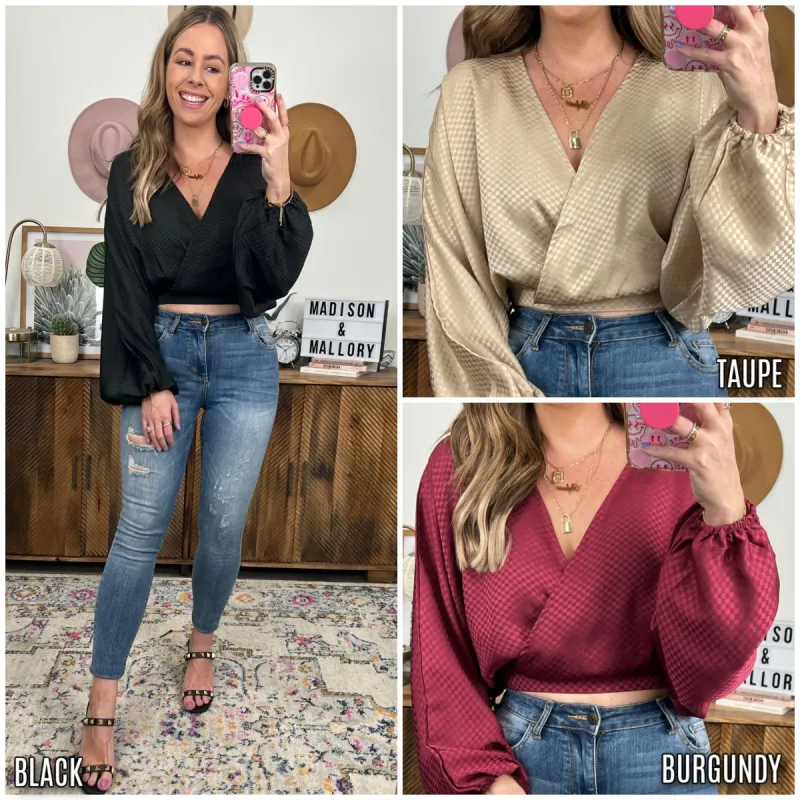 Sassy Soul Check Print Surplice Satin Top - FINAL SALE sold by Madison + Mallory