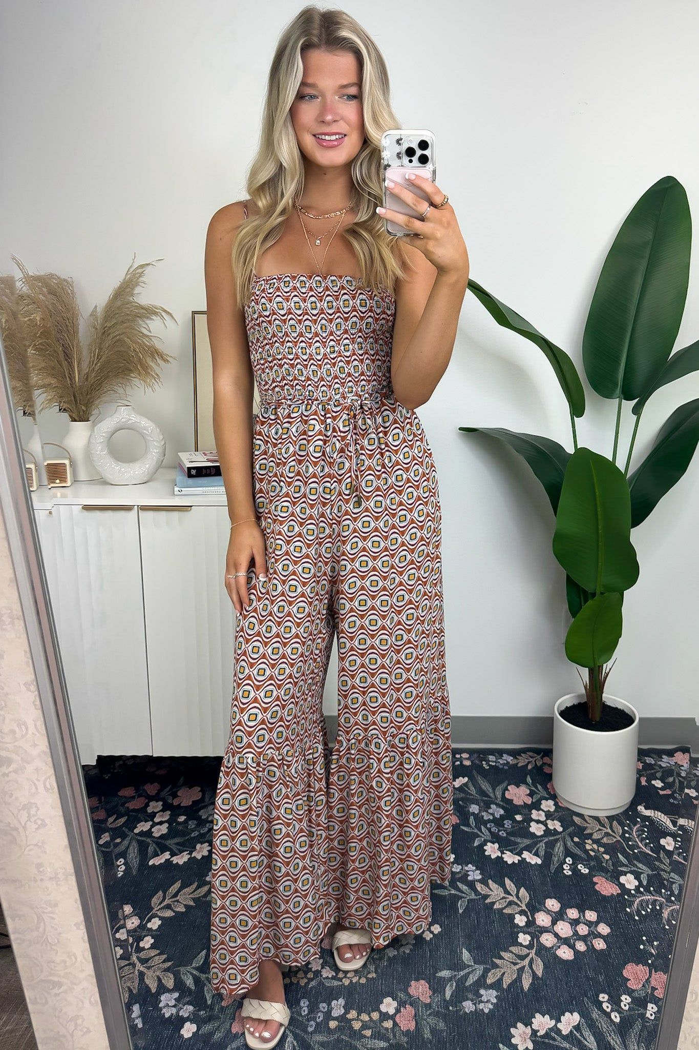 Moniz Geo Print Ruffle Flare Jumpsuit sold by Madison + Mallory