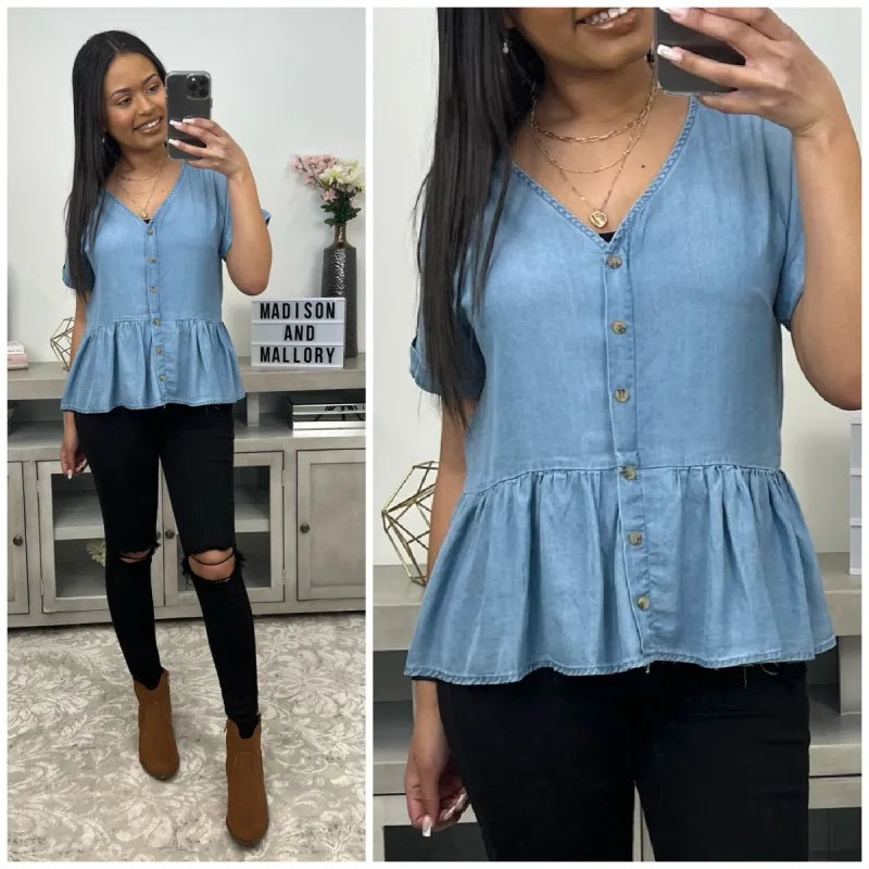 Madrigal Chambray Button Down Peplum Top - FINAL SALE made by Blu Pepper