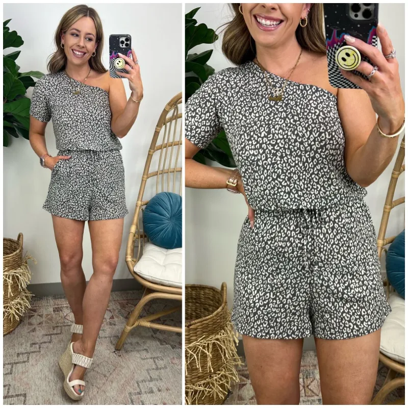 Eagerly Anticipate Animal Print One Shoulder Romper sold by Madison + Mallory