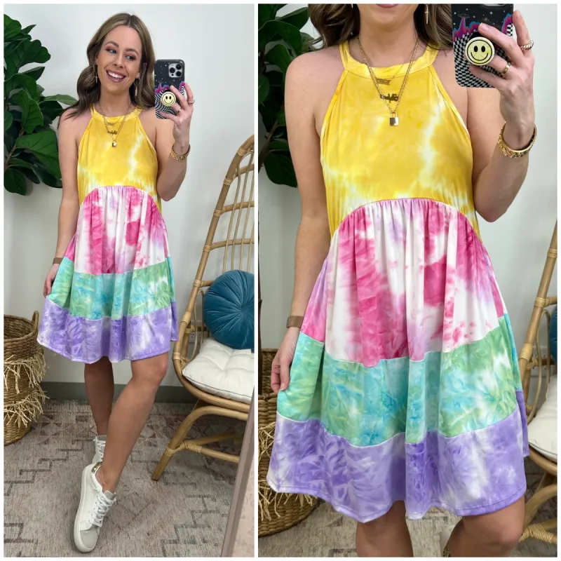 Happiest Here Rainbow Dye Tiered Halter Dress - FINAL SALE sold by Madison + Mallory