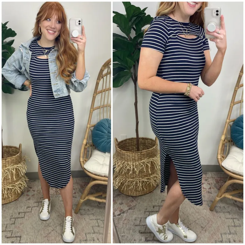 Cathirine Striped Cutout Midi Dress sold by Madison + Mallory