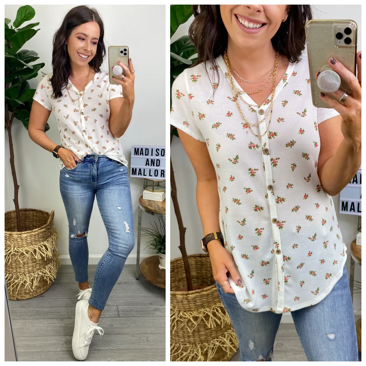 Day Date Floral Print Button Top - FINAL SALE sold by Madison + Mallory