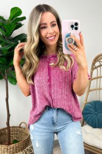 Louanna Short Sleeve Relaxed Waffle Knit Top - BACK IN STOCK sold by Madison + Mallory