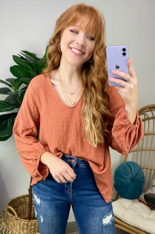 Maybelle Balloon Sleeve Textured V-Neck Top - FINAL SALE sold by Madison + Mallory