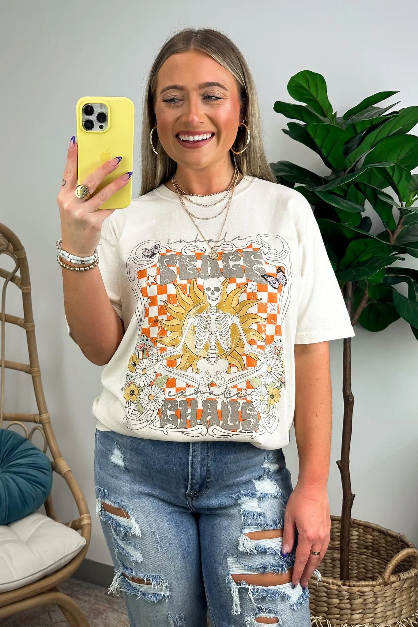 Inhale Peace Exhale Chaos Skeleton Vintage Oversized Graphic Tee - FINAL SALE sold by Madison + Mallory product image thumbnail 5