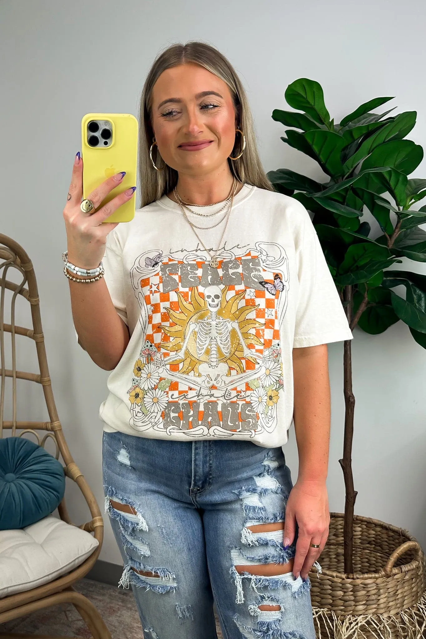 Inhale Peace Exhale Chaos Skeleton Vintage Oversized Graphic Tee - FINAL SALE sold by Madison + Mallory product image thumbnail 3