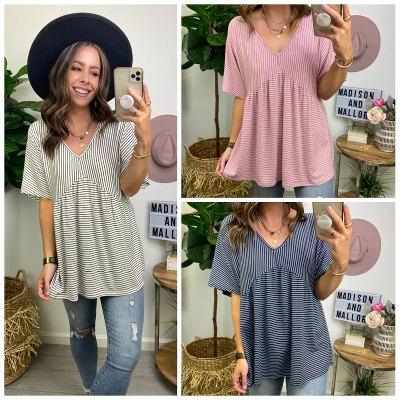 Vinton Striped V-Neck Babydoll Top sold by Madison + Mallory