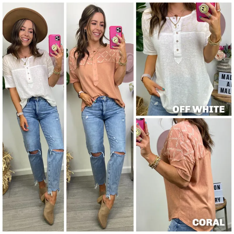 Ofelia Embroidered Button Detail Top sold by Madison + Mallory