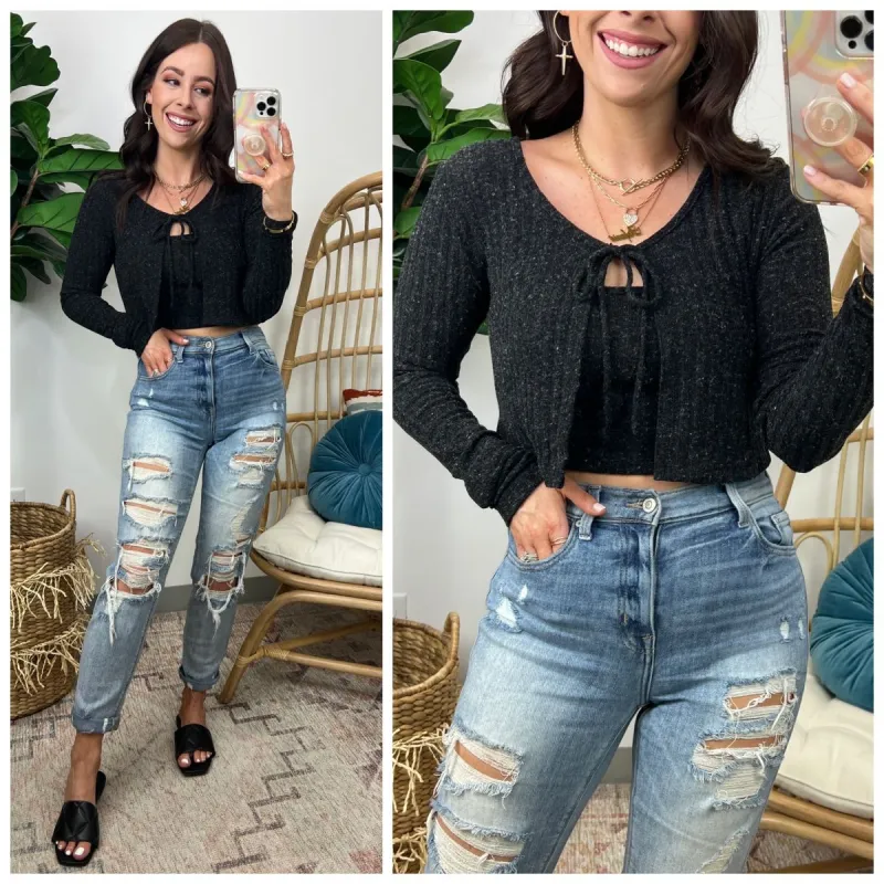 Polished Enterprise Tie Front Knit Cardigan and Cami Set sold by Madison + Mallory