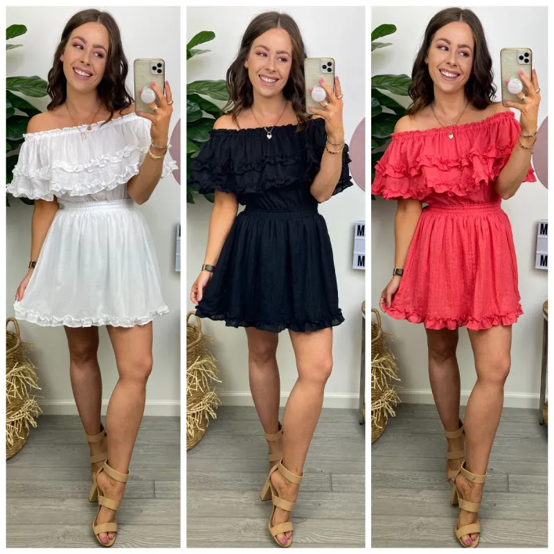 Delaine Off Shoulder Flounce Dress sold by Madison + Mallory