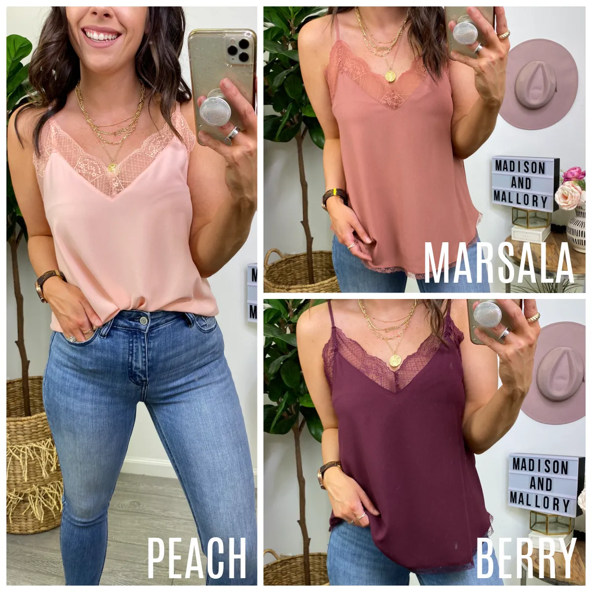 Show Your Affection Lace Trim Cami Top sold by Madison + Mallory