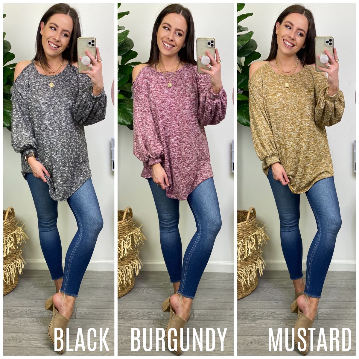 Lucille Heathered Cold Shoulder Top sold by Madison + Mallory