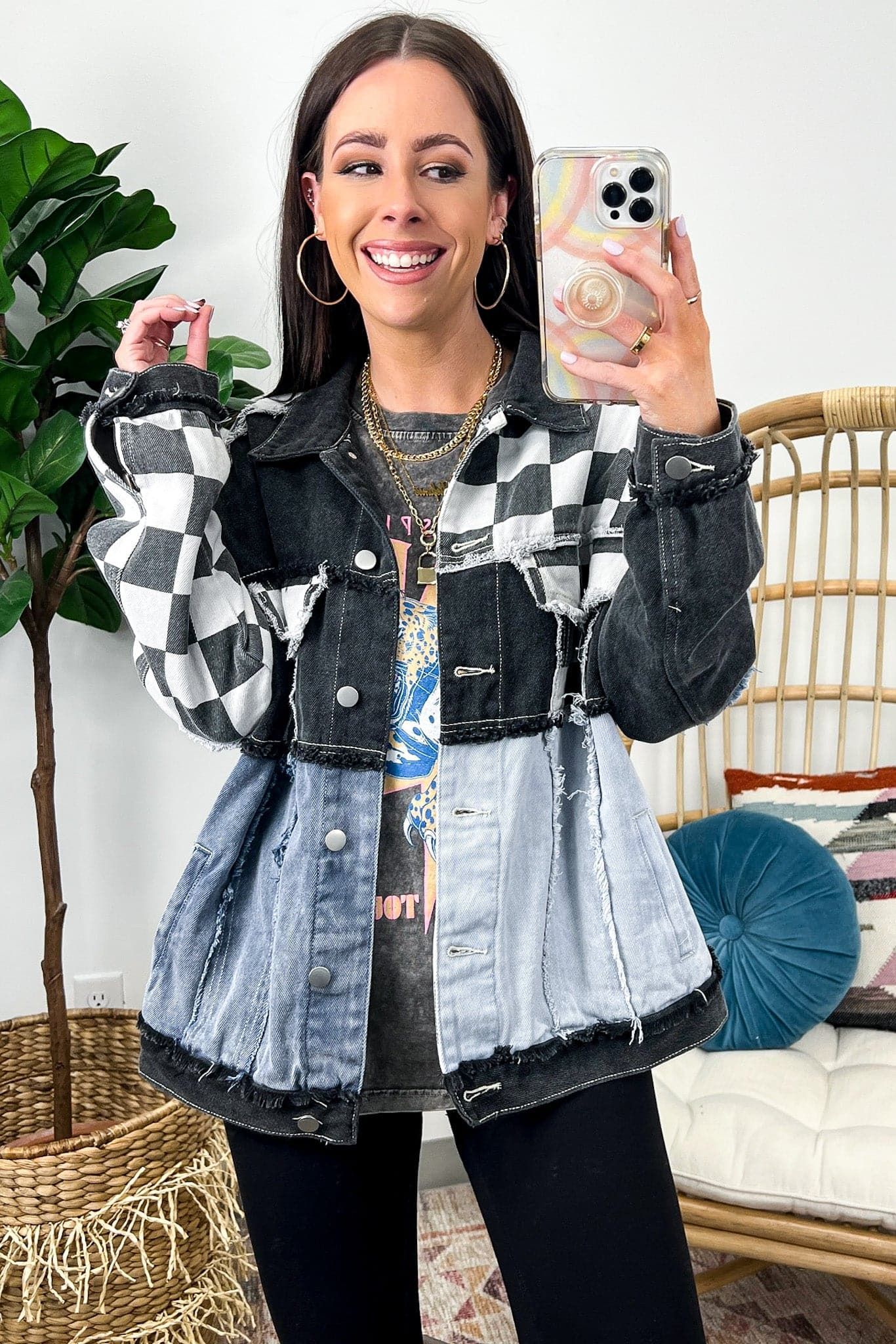 Know the Vibe Checkered Pattern Denim Jacket - BACK IN STOCK sold by Madison + Mallory product image thumbnail 2