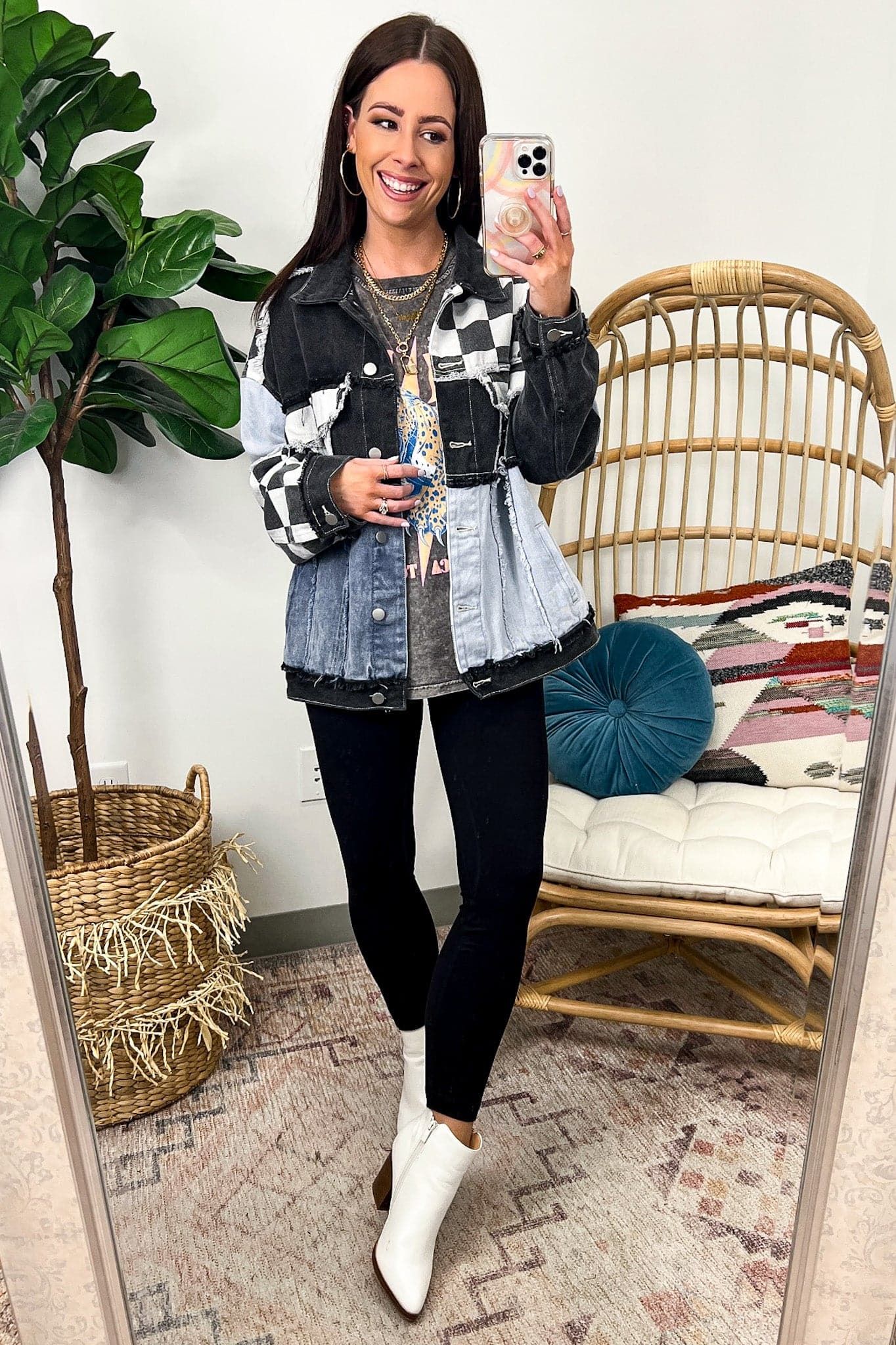 Know the Vibe Checkered Pattern Denim Jacket - BACK IN STOCK sold by Madison + Mallory product image thumbnail 4