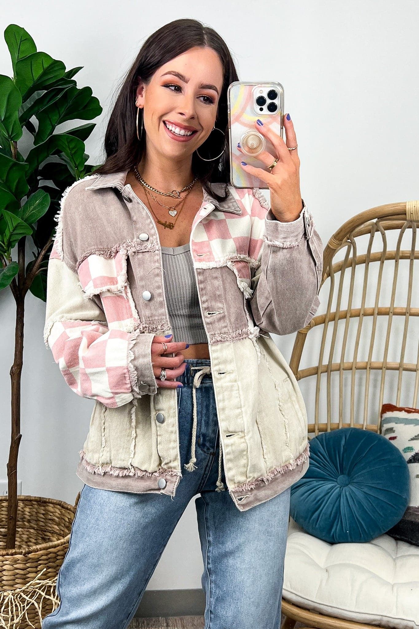 Know the Vibe Checkered Pattern Denim Jacket - BACK IN STOCK sold by Madison + Mallory