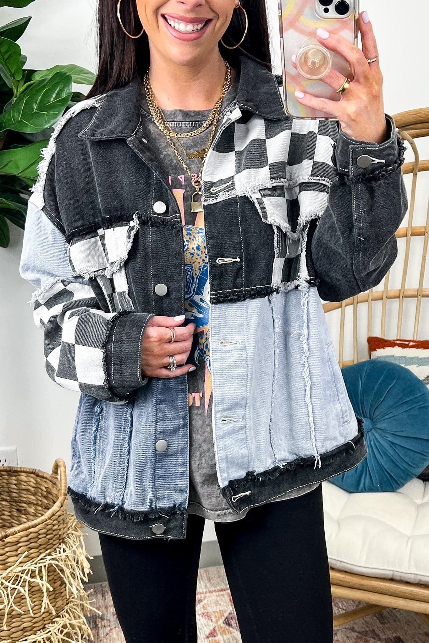 Know the Vibe Checkered Pattern Denim Jacket - BACK IN STOCK sold by Madison + Mallory product image thumbnail 5